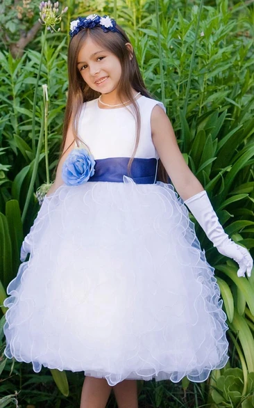 Floral Tea-Length Organza & Satin Flower Girl Dress with Ruffles Elegant Tea-Length Floral Flower Girl Dress