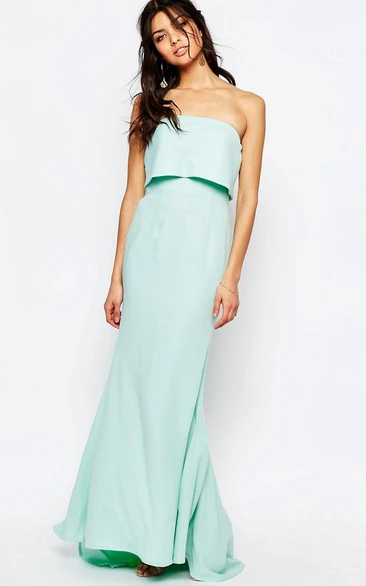 Strapless Chiffon Bridesmaid Dress with Brush Train Ankle-Length Sheath