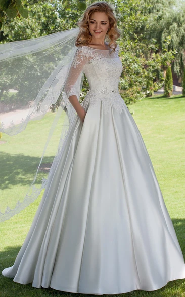 Satin Wedding Dress Ball Gown Scoop Neck 3-4 Sleeves Appliqued Floor-Length