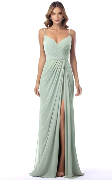 A-Line Satin V-neck Bridesmaid Dress with Split Front Simple & Elegant