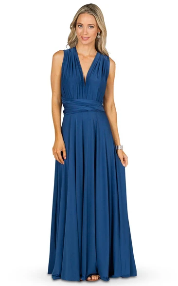 V-Neck Chiffon Bridesmaid Dress with Bow A-Line Floor-Length Pleated