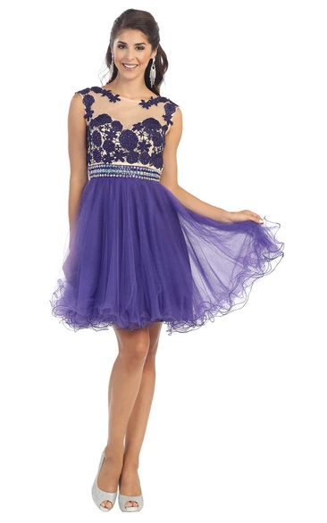 Sleeveless Tulle Illusion A-Line Dress with Appliques and Pleats