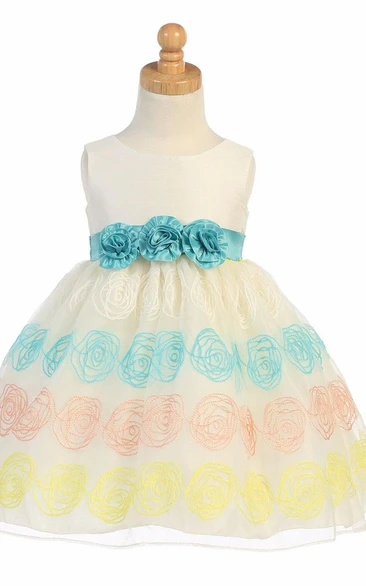 Organza & Satin Floral Tea-Length Flower Girl Dress with Embroidery Elegant Wedding Dress