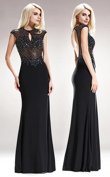 Jewel-Neck Cap-Sleeve Jersey Prom Dress with Beading Sheath