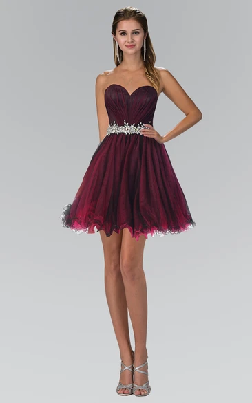 Sweetheart Tulle Ruched A-Line Formal Dress with Waist Jewelry