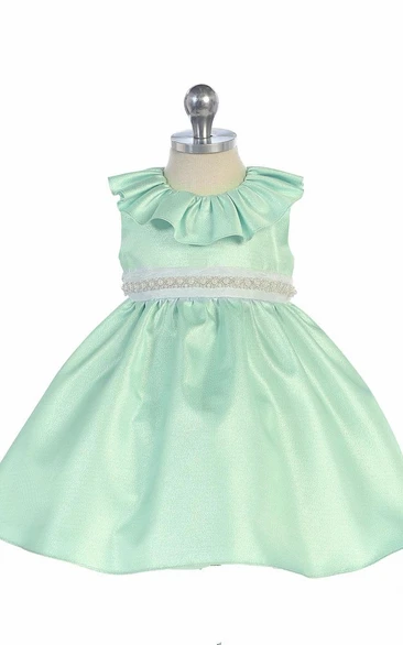 Ruffled Organza Tea-Length Flower Girl Dress with Beading