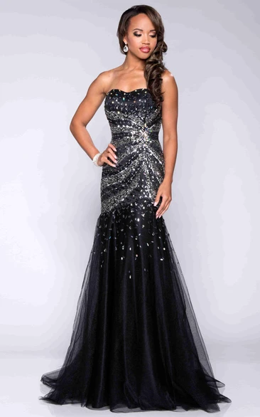 Trumpet Sequin Tulle Strapless Prom Dress Glamorous Party Dress 2024