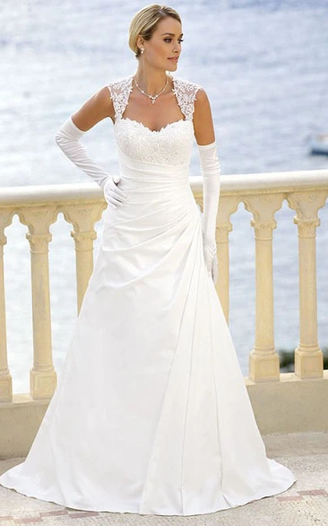 Satin Queen Anne Wedding Dress with Side Draping and Keyhole Long