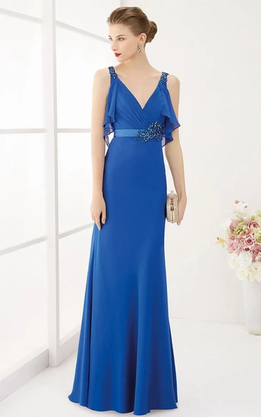 Crystal Satin Sash Empire Prom Dress with V Neck and Removable Wrap Top Long