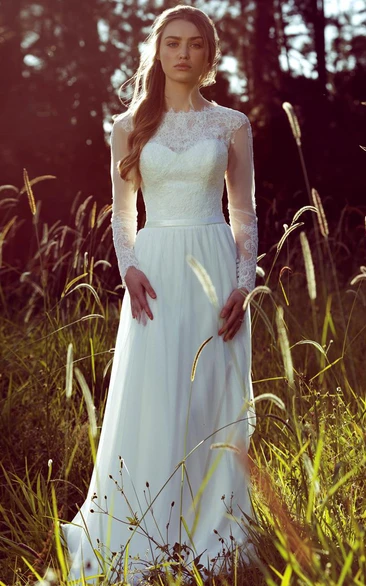 Long-Sleeve Jewel-Neck Chiffon Wedding Dress with Illusion Elegant Sheath Wedding Dress