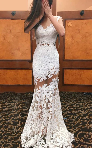 Mermaid Lace Wedding Dress with V-Neckline and Cap Sleeves