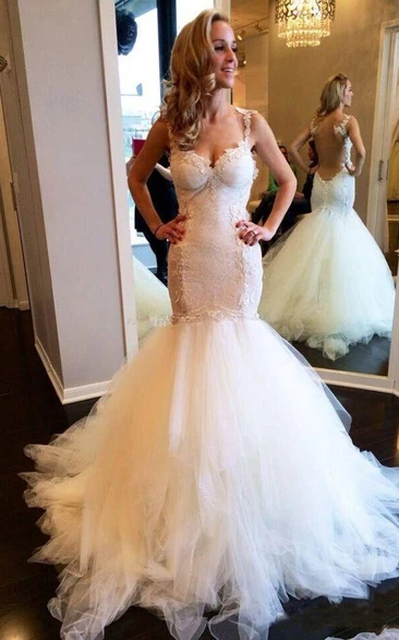 Illusion Lace Tulle Spaghetti Mermaid Trumpet Wedding Dress