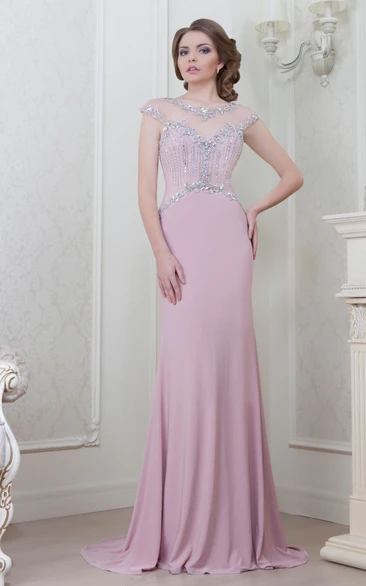 Beaded Sheath Jersey Evening Dress + Cap-Sleeve + Scoop-Neck + 2024