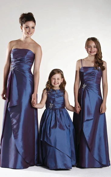 Satin Strapless Bridesmaid Dress with Ruched Bodice Draping and Waist Jewelry