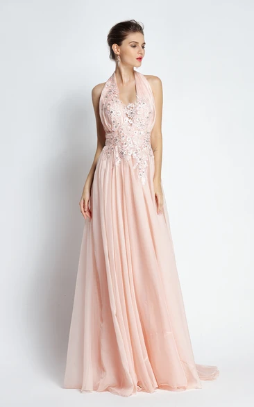 Halter Chiffon A-Line Prom Dress with Appliques and Beading Sweep Brush Train