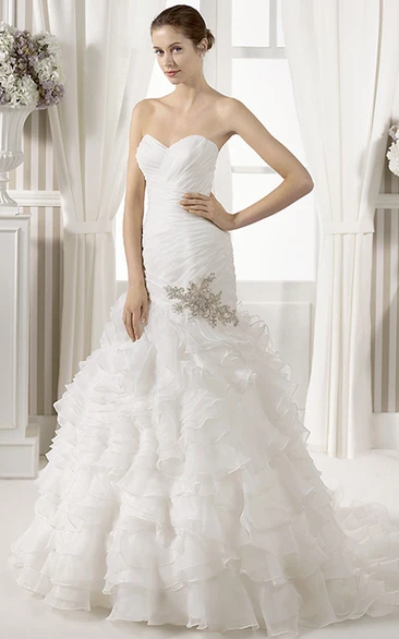 Organza Mermaid Wedding Dress with Ruffles and Cape