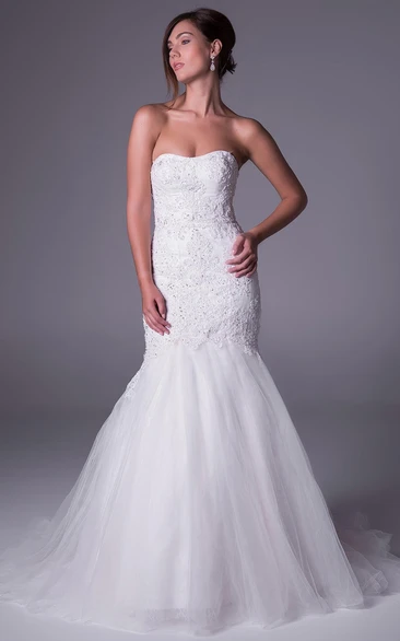 Strapless Tulle Wedding Dress with Beading Mermaid Appliqued