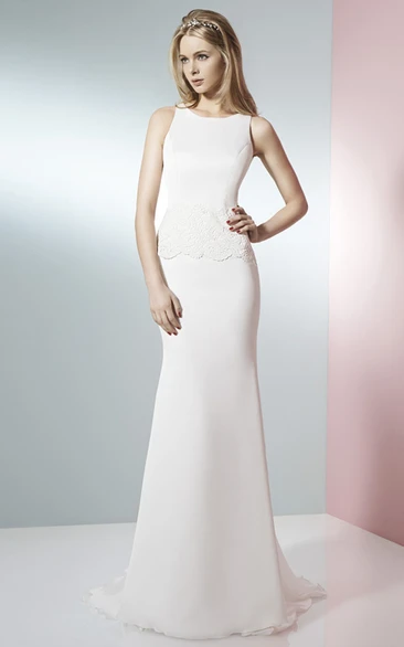 Chiffon Wedding Dress with Sweep Train Appliqued Scoop Neckline