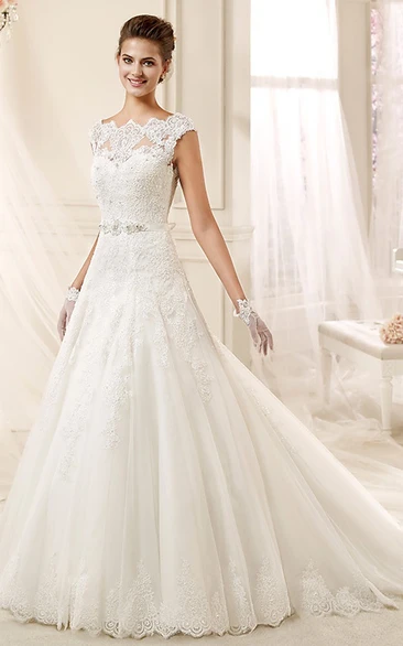 Cap-Sleeve A-line Wedding Dress with Appliques and Scalloped Neckline