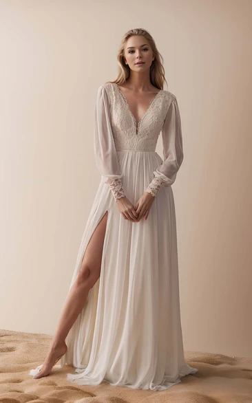 Romantic Elegant Boho Fall Long Sleeve A-Line Lace Chiffon Wedding Dress with Sash Flowy Modest Split Front V-Neck Low Back Court Train Reception Bridal Gown