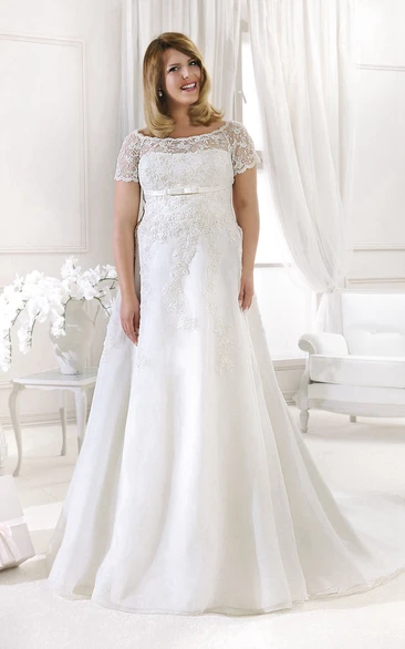 Lace Illusion Short-Sleeve Wedding Dress with Bateau Neck