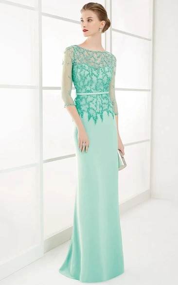 Beaded Satin Scoop-Neck Prom Dress Floor-Length Sheath