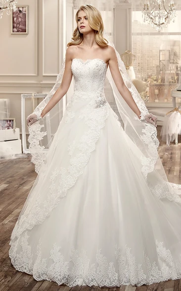 A-Line Lace Side Draping Beaded Wedding Dress Strapless Style