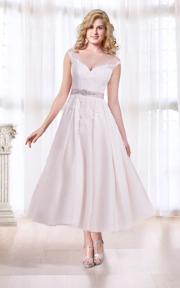 Illusion Back Tea Length Wedding Dress with Cap Sleeves