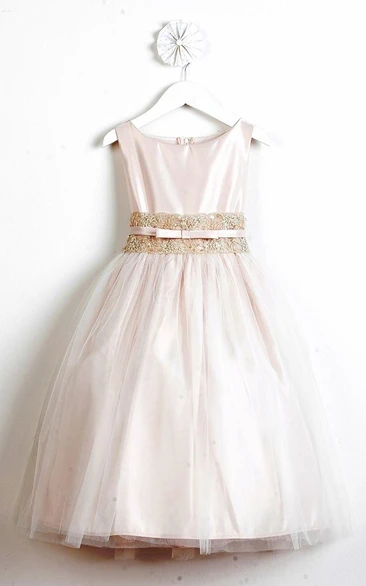 Tiered Tulle & Lace Flower Girl Dress Tea-Length with Bow & Sash