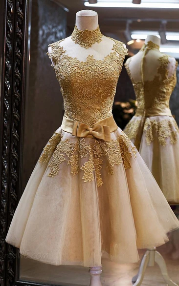 Short Prom Dress High Neck Golden Appliques Sleeveless Unique Dress