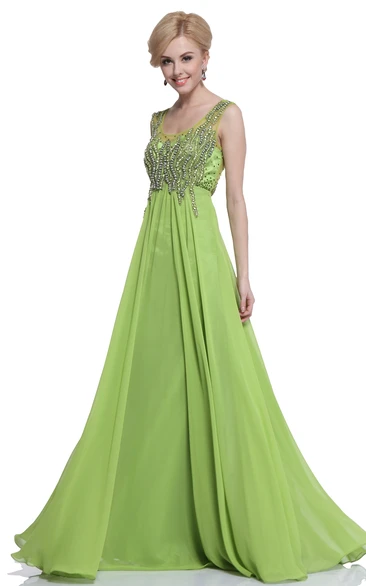 Maxi V-Neck A-Line Prom Dress with Beading and Pleats Sleeveless Empire Chiffon Illusion