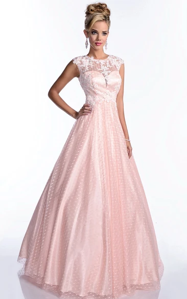 Elegant A-Line Prom Dress with Beaded Lace Appliques Tulle & Cap Sleeve