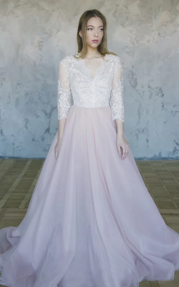 3/4 Sleeve Tulle Lace Wedding Dress Beautiful Bridal Gown