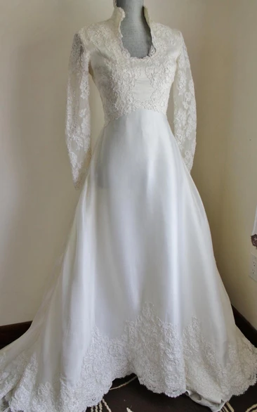 Modern Queen Anne Neck Satin Wedding Dress with Long Sleeves and Lace Hem