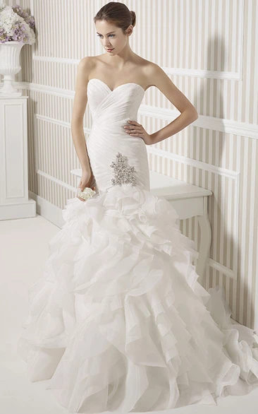 Cascading-Ruffle Sleeveless Sweetheart Organza Mermaid Wedding Dress with Criss Cross and Broach Unique Mermaid Wedding Dress