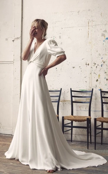 Elegant Modest A-Line Wedding Dress Romantic Solid Sexy Short Sleeves Split Front Bridal Gown