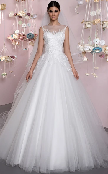 Jewel Appliqued Tulle Wedding Dress with Court Train