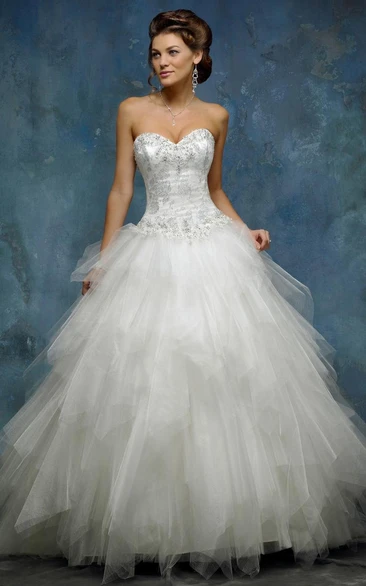 A-Line Ball Gown Wedding Dress with Cascading Ruffles Sweetheart Floor-Length Tulle Sleeveless