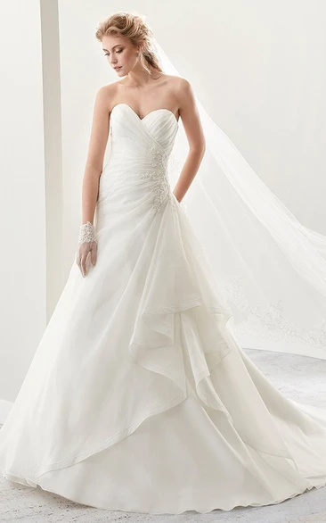 Chiffon A-Line Wedding Dress with Side Draping and Appliques Sweetheart Neck