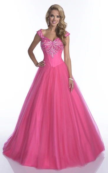 Cap Sleeve Crystal Top A-Line Quinceanera Dress Prom Dress