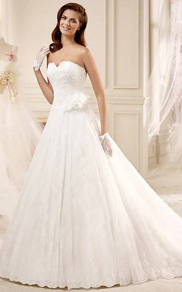 Notched-neck A-line Wedding Dress with Flowers and Court Train Classic & Timeless Wedding Dress