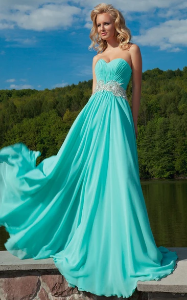 Ruched Sweetheart Chiffon Prom Dress with Waist Jewelry Floor-Length