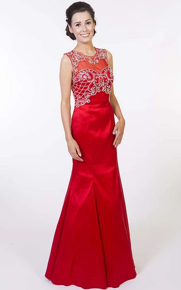 Sleeveless Beaded Satin Trumpet Prom Dress with Scoop Neck Modern Prom Dress