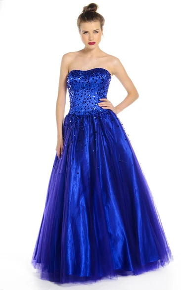 Long Sequined A-Line Strapless Tulle Prom Dress with Corset Back 2024 Prom Dress