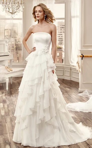 Cascading Ruched Strapless Wedding Dress with Floral Waist Unique Bridal Gown