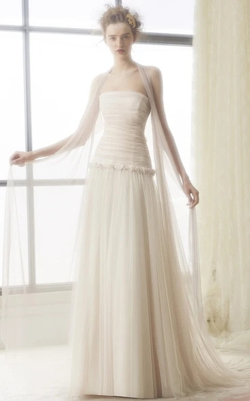 Strapless A-Line Tulle Wedding Dress with Ruched Bodice and Illusion Back