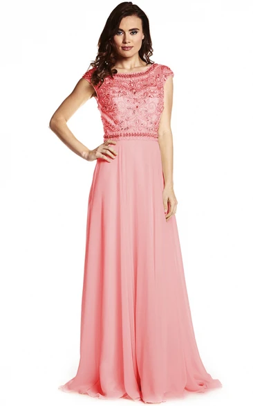 Scoop Neck Beaded Sheath Prom Dress Cap Sleeves Floor-Length