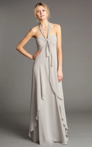 Halter Chiffon Bridesmaid Dress with Straps and Draping Sleeveless Floor-Length