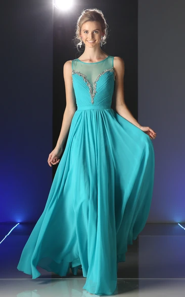 A-Line Chiffon Illusion Formal Dress with Ruching and Beading Long Sleeveless