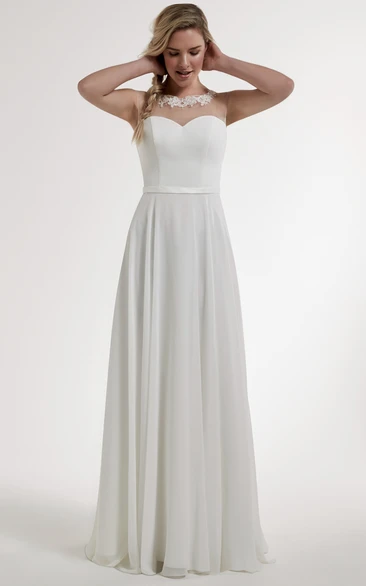 Sleeveless A-Line Satin Wedding Dress with Appliques and Illusion Back